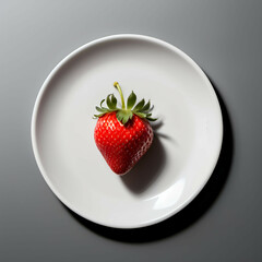 Single ripe strawberry on a white plate, deep shadow, lots of negative space