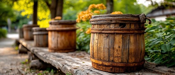 Fototapeta premium Rustic wooden buckets line weathered bench