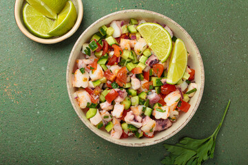 Fresh and vibrant peruvian seafood ceviche with shrimps, octopus, tomatoes, cucumber and parsley, served with lime in a bowl on a green background from above, dish of Peru