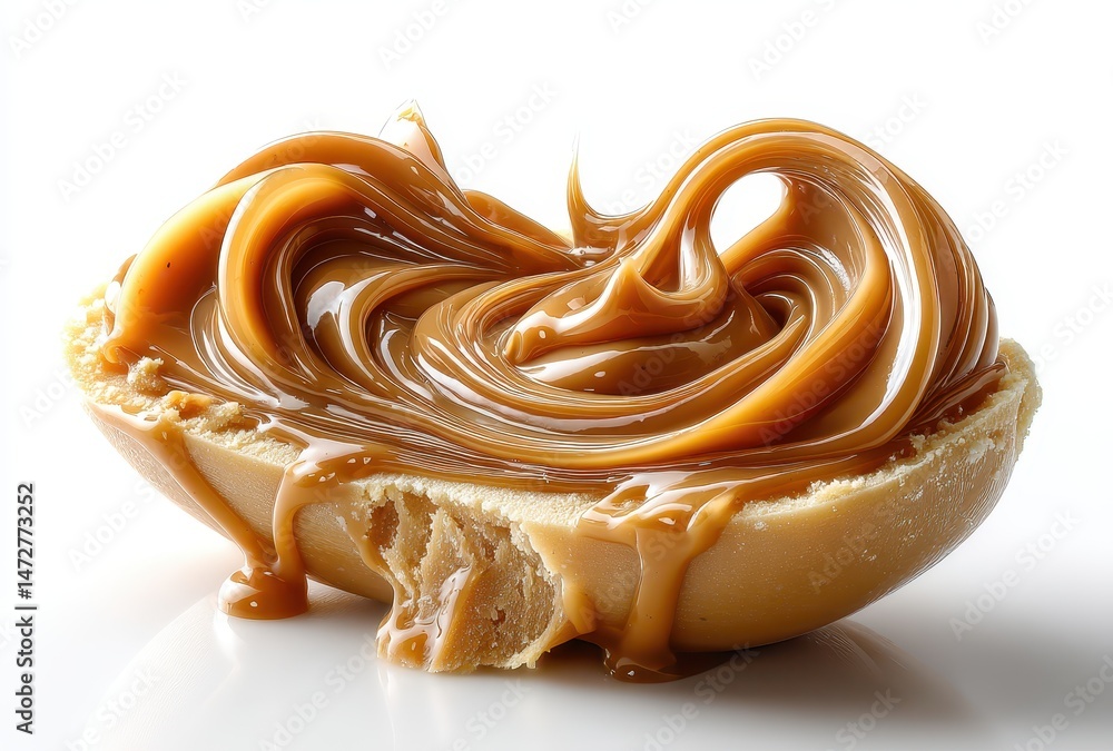 Poster silky smooth caramel spread swirled in a crunchy shell on a bright background with a glossy finish h