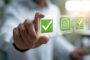Hand touches green checkmark icon with document and download symbols.