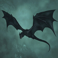 A majestic black dragon soars through a mystical, starlit night sky