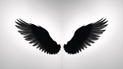 Obraz premium Black wings in silhouette against a light background, symbolizing flight and freedom.