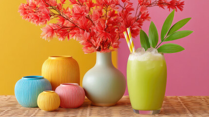 Refreshing green beverage with ice in a tall glass,  accompanied by colorful vases and vibrant flowers against a yellow and pink backdrop