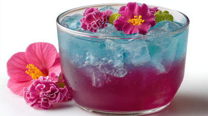 A vibrant, layered beverage in a clear glass, adorned with colorful edible flowers and ice