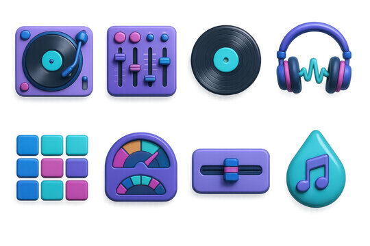 3d dj icon set &ndash; turntable, mixer, vinyl, headphones, equalizer, music note, slider, soundwave. 3D icon set