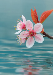 Delicate pink blossoms, reflected in tranquil water