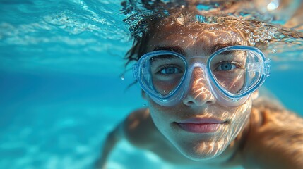 Naklejka premium Close-up underwater portrait of a child wearing goggles.