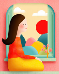 Serene woman sits by window, gazing at sunset over stylized hills