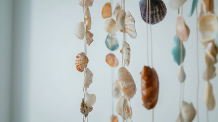 Elegant sea shell mobile featuring a variety of shapes, sizes, and colors, suspended by delicate strings against a soft white backdrop.