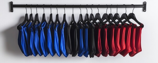 Sleek Minimalist Clothing Display: Rows of Blue, Black, and Red Garments