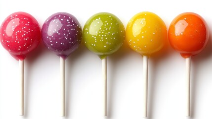 Five colorful, round lollipops with white speckles, arranged in a row on a white surface