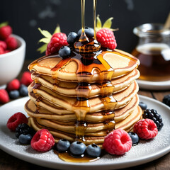 Stack of pancakes with maple syrup dripping and fresh berries on top