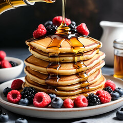 Stack of pancakes with maple syrup dripping and fresh berries on top