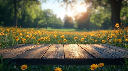 Sunny meadow backdrop with wooden platform and vibrant golden flowers