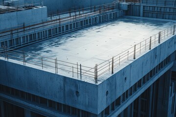 Fototapeta premium Concrete rooftop construction site with safety railings under natural light