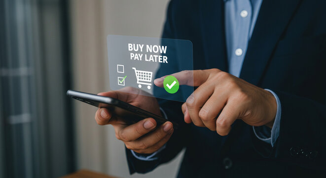 A person using a smartphone with a buy now pay later option displayed on the screen in front of them