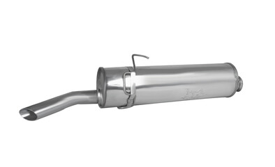 Bright galvanized steel car muffler with angled exhaust pipe and factory-style mounting hooks. Designed for OEM replacement and stock vehicle sound management. Ideal for repair and part database usage