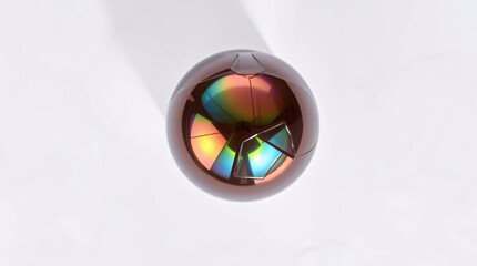Shiny metallic ball with rainbow reflections, sleek and modern decorative sphere.