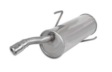 Bright galvanized steel car muffler with angled exhaust pipe and factory-style mounting hooks. Designed for OEM replacement and stock vehicle sound management. Ideal for repair and part database usage