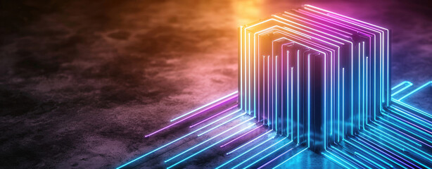 Glowing cube with neon lines on dark surface