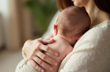 Newborn baby in mother's arms. Close-up of a woman holding her newborn baby in her arms.