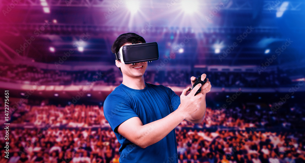 Poster adult holding joystick and wearing vr goggles while enjoy playing games at stadium with blurring bac
