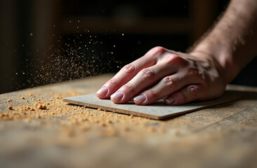 Man sanding wood. Woman sanding wooden board with sawdust. Handcrafted woodwork.