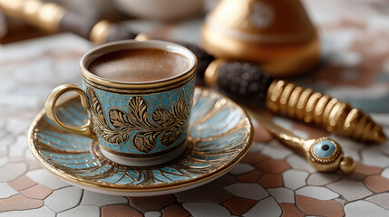 Intricate gold-and-teal patterned coffee cup, saucer, and traditional brewing tools on a mosaic surface