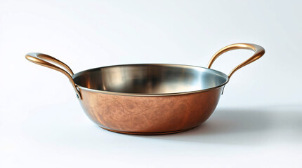 A copper pot with dual curved handles and intricate engravings on a plain background.