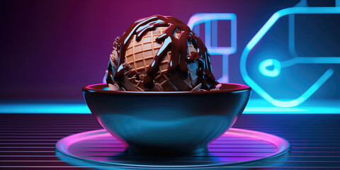Chocolate-covered ice cream in a bowl under neon lights