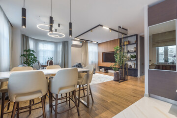 Delightful interior design of the studio apartment. Exclusive furniture, stylish lamps.