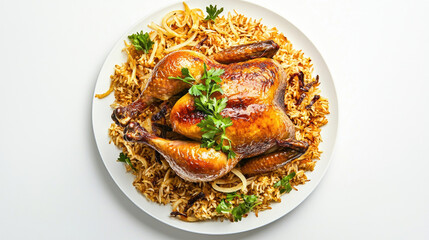 Roasted chicken on a bed of seasoned rice and crispy onions