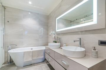 Elegant bathroom interior design. Stylish accessories, a mirror with illumination above the cabinet with sinks and bowls.