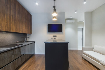 Kitchen interior. Grey kitchen set, decorated with dark wood panels, with granite countertop. A high table, a TV and a white sofa.