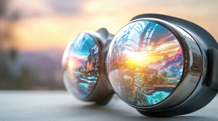 Goggles reflecting a vibrant sunset landscape