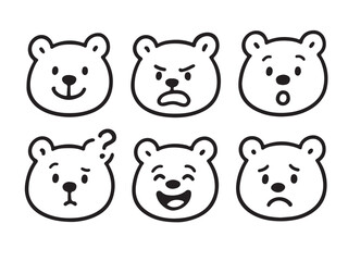A collection of six hand-drawn bear face emoticons in a minimalist black and white style. Each bear displays a distinct emotion: happiness, anger, surprise, confusion, laughter, and sadness.