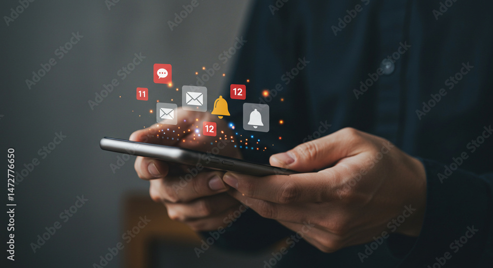 Poster person holding a smartphone with notification icons floating above the screen in a dark setting ligh