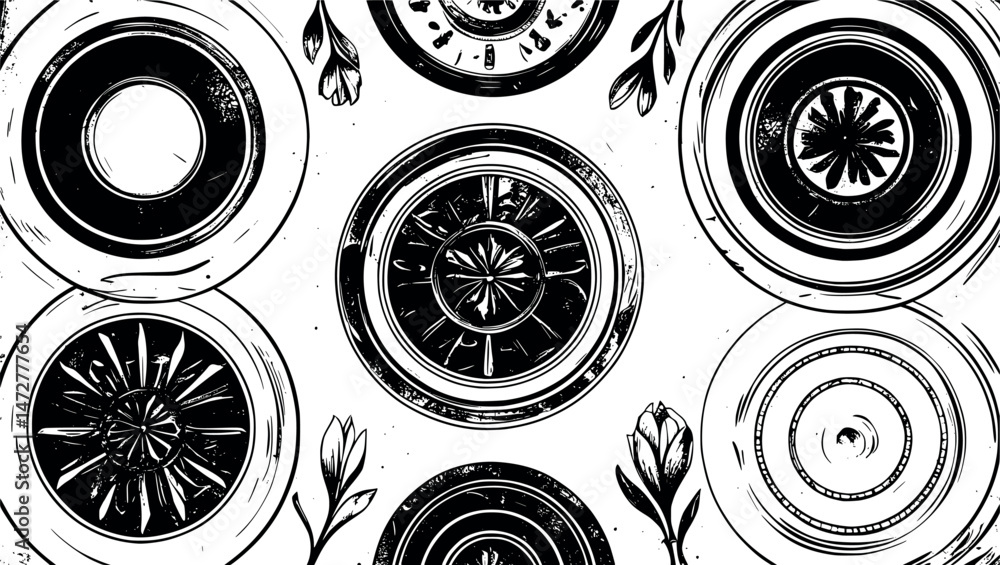 Poster circular abstract shapes with engraving detail in old print style