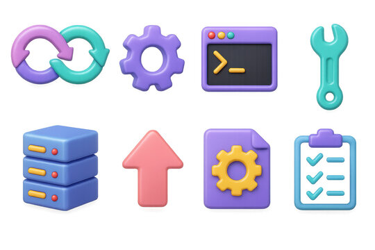 3d devops cloud icons set &ndash; automation, tools, server, terminal, settings, code, checklist, sync. 3D icon set