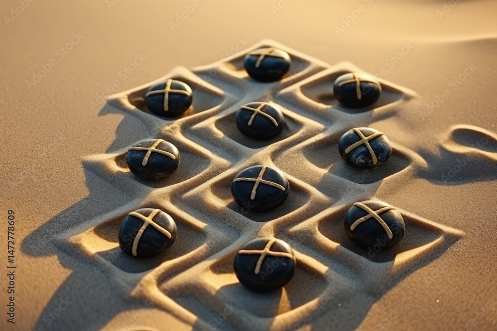 Poster grid pattern in sand created with seashells at a serene beach during sunset