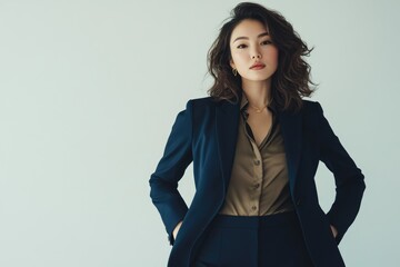 Confident woman in a navy blue blazer and olive green shirt, posing against a light gray background.