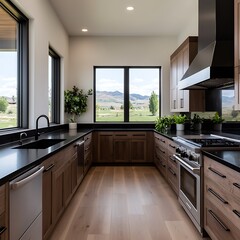 Modern Kitchen Design with Dark Countertops, Wooden Cabinets, and Scenic Mountain View Through Large Windows Creates a Welcoming Space.