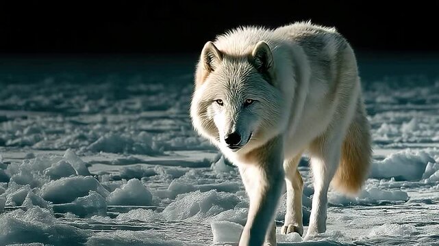 White wolf walking on ice