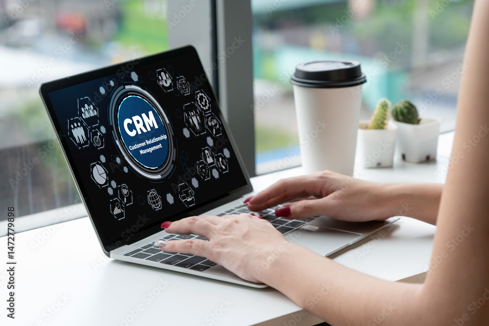 Poster customer relationship management system on modish computer for crm business and enterprise