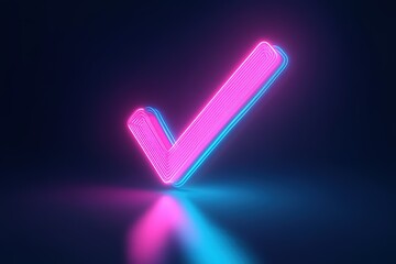 Blue and pink color light glowing check mark icon. Check mark symbol glowing neon light