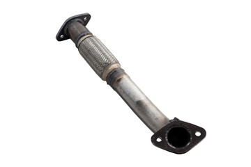Rusty automotive flex pipe with woven metal mesh and mounting flange, used for vibration control and emission system routing. Common in repair services and emission system replacements.