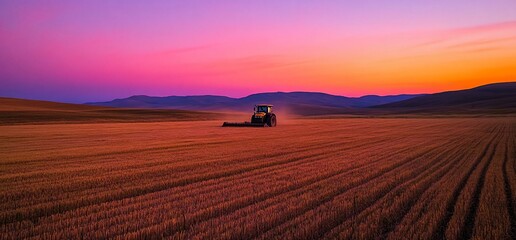 Obraz premium Agricultural Tractor Working on a Field at Sunset with Colorful Sky and Mountains
