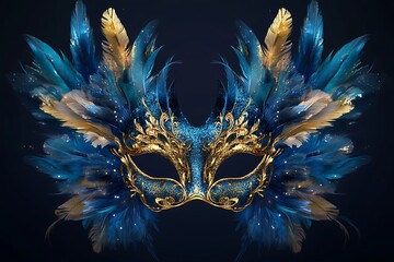Elegant venetian carnival mask with luxurious feathers and ornate gold details on dark background
