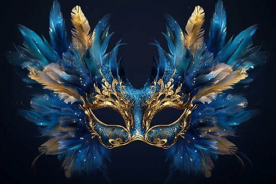 Elegant venetian carnival mask with luxurious feathers and ornate gold details on dark background
